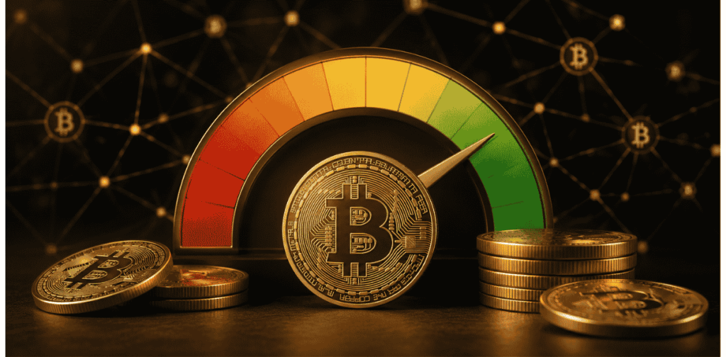 Índice de miedo y codicia. en el centro, una moneda de BTC.