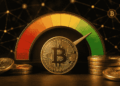 Índice de miedo y codicia. en el centro, una moneda de BTC.