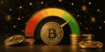Índice de miedo y codicia. en el centro, una moneda de BTC.