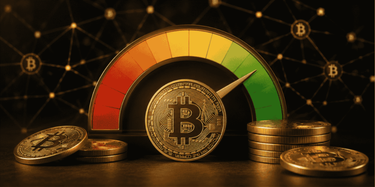Índice de miedo y codicia. en el centro, una moneda de BTC.