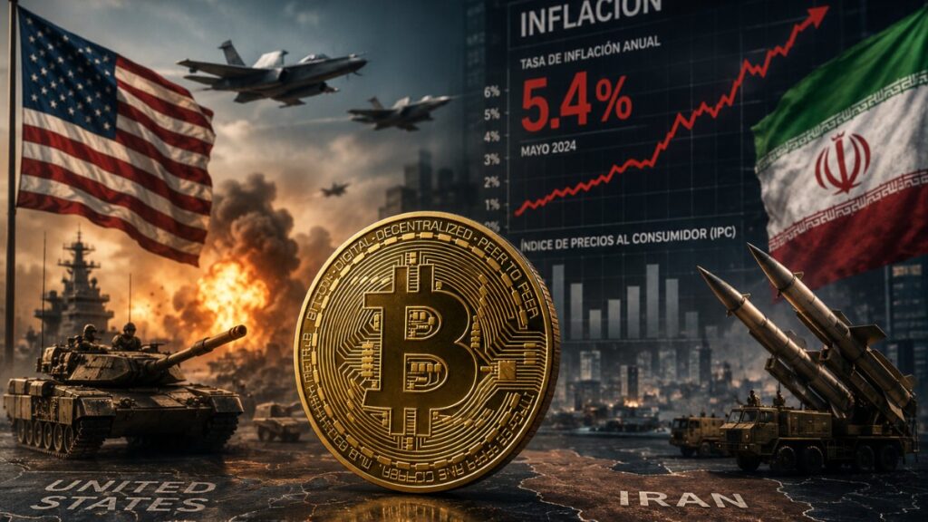 Una moneda de bitcoin rodeada de explosiones y la bandera de Estados Unidos e Irán.