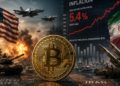 Una moneda de bitcoin rodeada de explosiones y la bandera de Estados Unidos e Irán.
