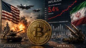 Una moneda de bitcoin rodeada de explosiones y la bandera de Estados Unidos e Irán.