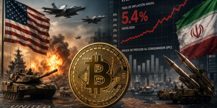Una moneda de bitcoin rodeada de explosiones y la bandera de Estados Unidos e Irán.