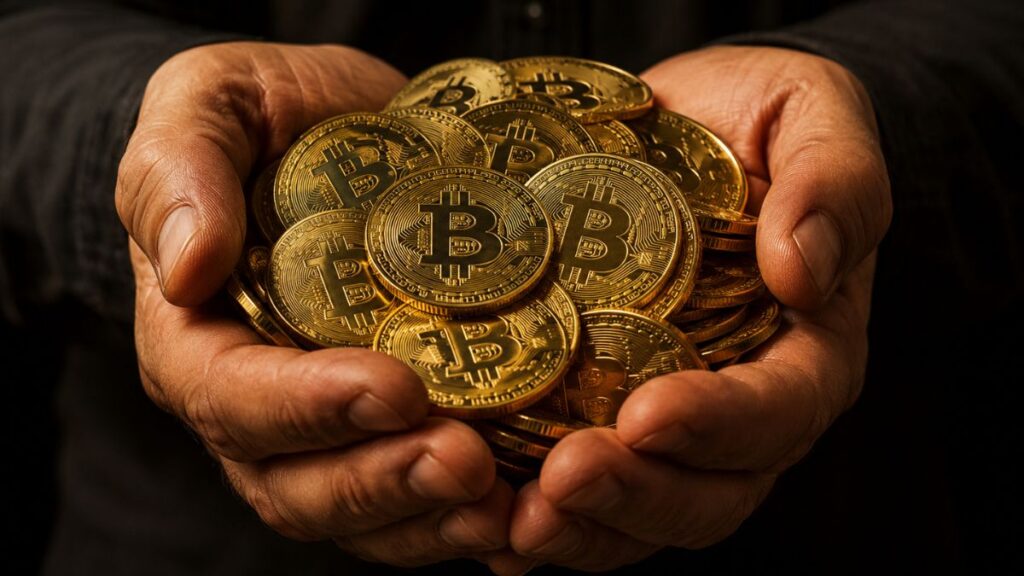 Primer plano de dos manos sosteniendo un puñado de monedas de bitcoin doradas.