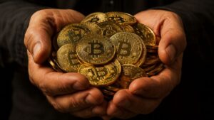 Primer plano de dos manos sosteniendo un puñado de monedas de bitcoin doradas.