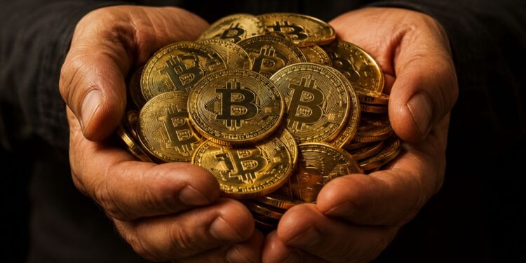 Primer plano de dos manos sosteniendo un puñado de monedas de bitcoin doradas.