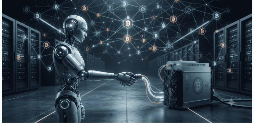 Un robot estrechando lazos con un minero de BTC.