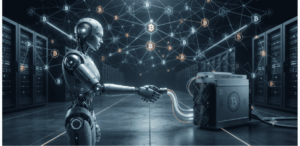 Un robot estrechando lazos con un minero de BTC.