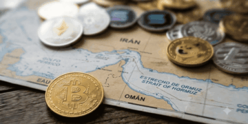 Mapa del estrecho de Ormuz sobre una mesa. Sobre él hay una moneda física de bitcoin y muchas de altcoins.