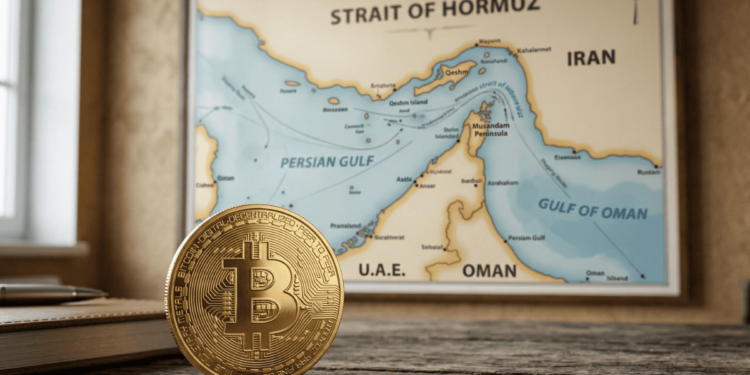En primer plano, sobre una mesa, hay una moneda física de bitcoin. En el fondo, se ve un mapa del estrecho de Ormuz.