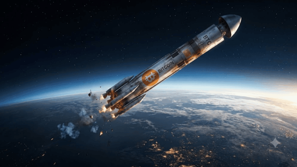 Un cohete desgastado con el logo de bitcoin en el espacio, con el planeta tierra de fondo.