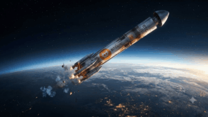 Un cohete desgastado con el logo de bitcoin en el espacio, con el planeta tierra de fondo.