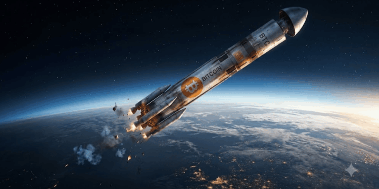 Un cohete desgastado con el logo de bitcoin en el espacio, con el planeta tierra de fondo.