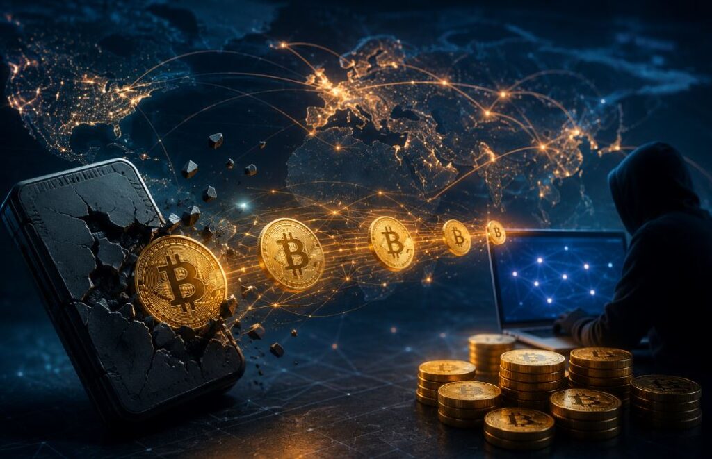 Un hombre encapuchado delante de una computadora, de la cual salen monedas físicas de bitcoin.