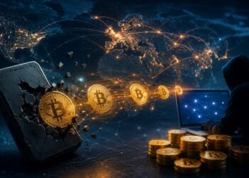 Un hombre encapuchado delante de una computadora, de la cual salen monedas físicas de bitcoin.