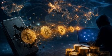 Un hombre encapuchado delante de una computadora, de la cual salen monedas físicas de bitcoin.