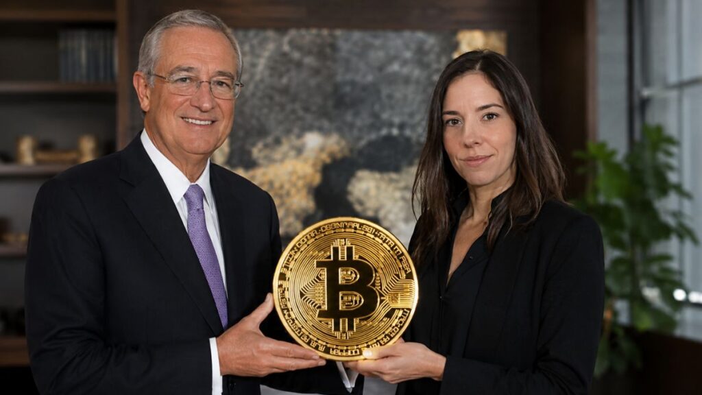 Ricardo Salinas y Lyn Alden sosteniendo una moneda de bitcoin dorada.