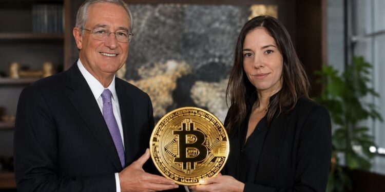 Ricardo Salinas y Lyn Alden sosteniendo una moneda de bitcoin dorada.