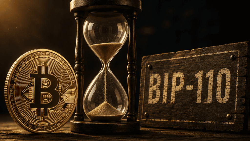 Moneda física de bitcoin, reloj de arena y letrero que dice "BIP-110".