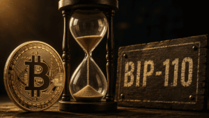 Moneda física de bitcoin, reloj de arena y letrero que dice "BIP-110".