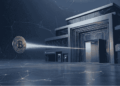 Un banco "adoptando" o "jalando" una moneda de BTC.