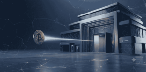 Un banco "adoptando" o "jalando" una moneda de BTC.