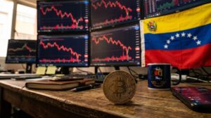 Bitcoin sobre una mesa con gráficos en rojo en el fondo y la bandera de Venezuela.