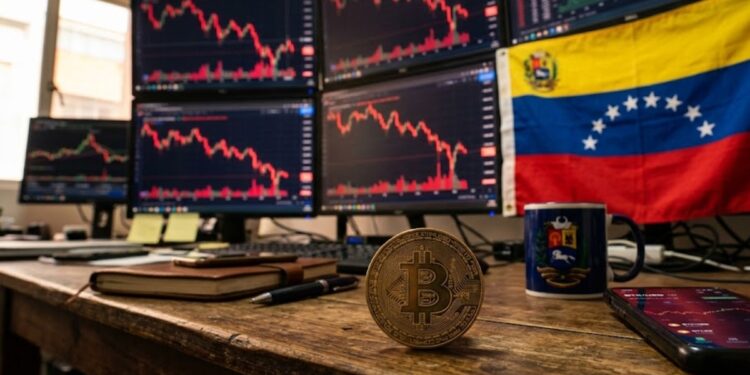 Bitcoin sobre una mesa con gráficos en rojo en el fondo y la bandera de Venezuela.