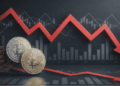Monedas de BTC y gráficos en rojo.