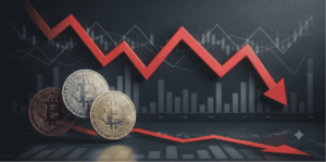 Monedas de BTC y gráficos en rojo.