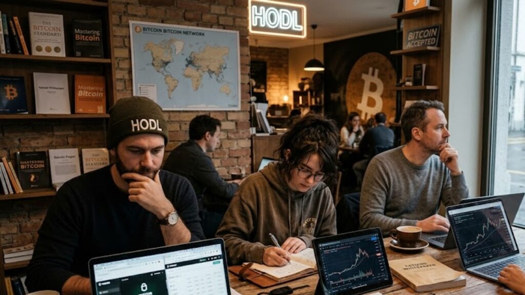 Fotografía de grupo de bitcoiners pensadores en un coworking.