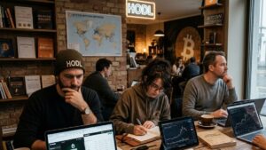 Fotografía de grupo de bitcoiners pensadores en un coworking.