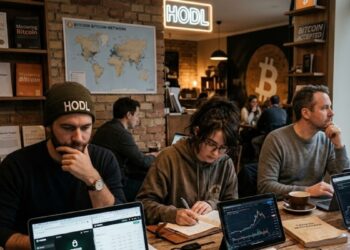 Fotografía de grupo de bitcoiners pensadores en un coworking.