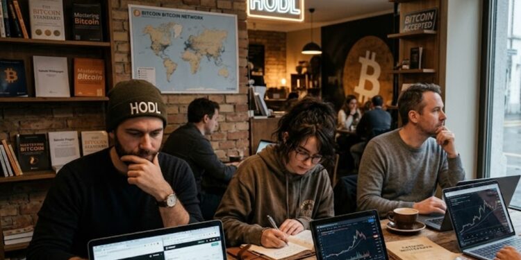 Fotografía de grupo de bitcoiners pensadores en un coworking.