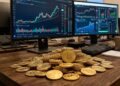 Monedas de bitcoin acumuladas, con gráficos de mercado en el fondo.