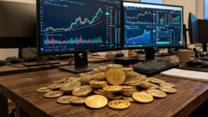 Monedas de bitcoin acumuladas, con gráficos de mercado en el fondo.