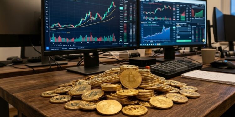 Monedas de bitcoin acumuladas, con gráficos de mercado en el fondo.