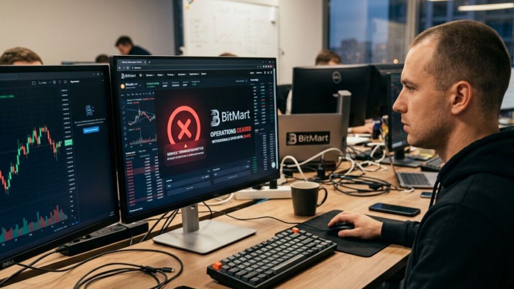 Hombre mirando un monitor de computadora con gráficos de criptomonedas y una notificación de servicio suspendido.