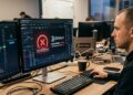 Hombre mirando un monitor de computadora con gráficos de criptomonedas y una notificación de servicio suspendido.