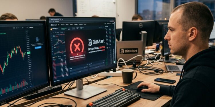 Hombre mirando un monitor de computadora con gráficos de criptomonedas y una notificación de servicio suspendido.