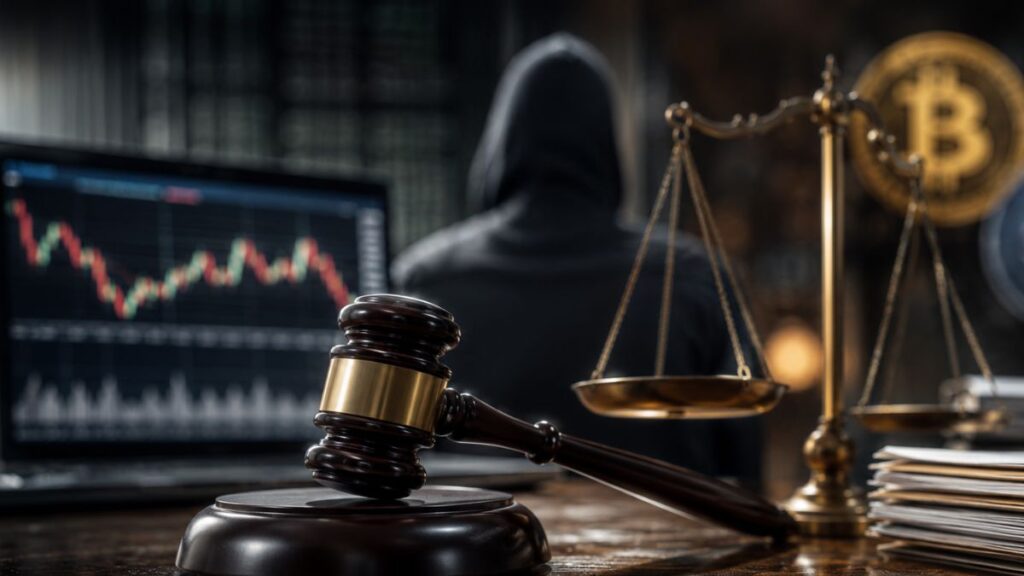 Mazo de juez y balanza en primer plano con gráfico de trading.