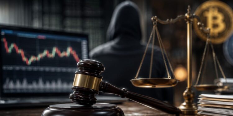 Mazo de juez y balanza en primer plano con gráfico de trading.