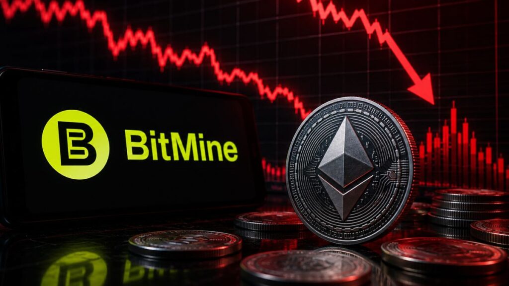Logo de BitMine junto a una moneda de Ethereum y un gráfico de precios en caída.