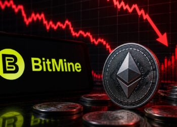 Logo de BitMine junto a una moneda de Ethereum y un gráfico de precios en caída.