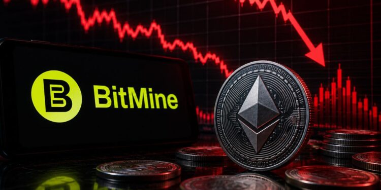 Logo de BitMine junto a una moneda de Ethereum y un gráfico de precios en caída.