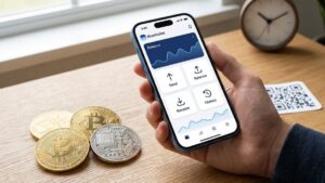 Mano sosteniendo un teléfono móvil con la aplicación BlueWallet abierta en una mesa junto a monedas de bitcoin.