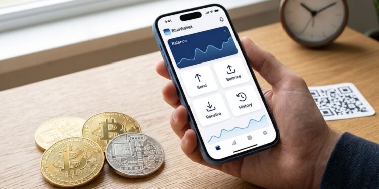Mano sosteniendo un teléfono móvil con la aplicación BlueWallet abierta en una mesa junto a monedas de bitcoin.