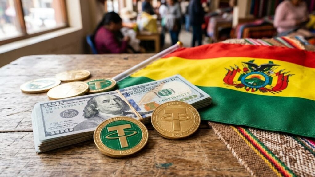 Monedas de USDT con dólares y la bandera de Bolivia sobre una mesa.