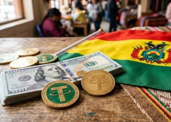 Monedas de USDT con dólares y la bandera de Bolivia sobre una mesa.